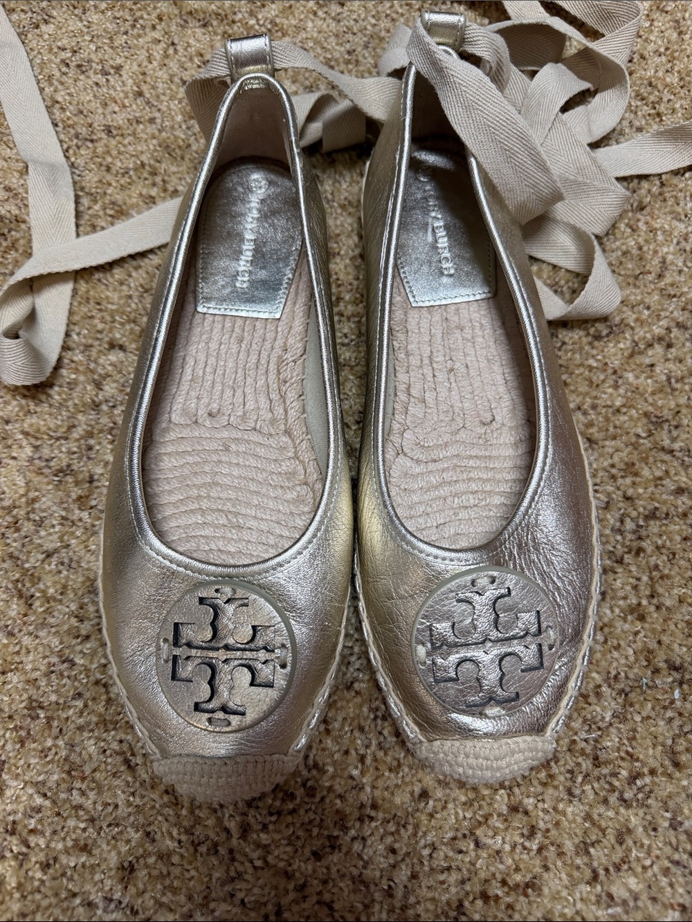 Tory Burch Metallic Silver Espadrille Flats with Logo Medallion